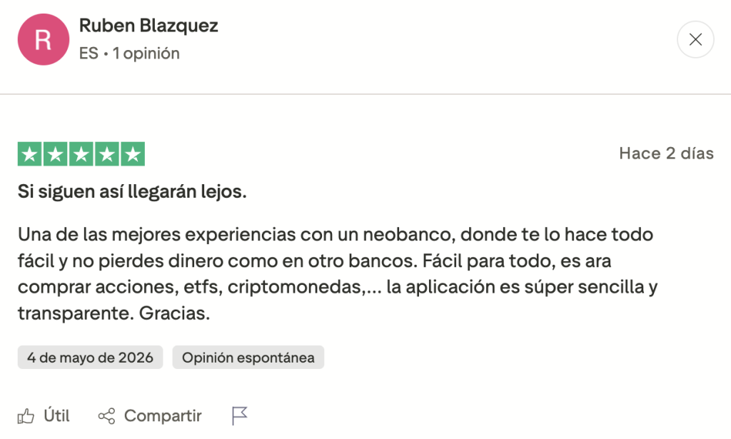 Reseña positiva real sobre Trade Republic del usuario Ruben Blazquez en Trustpilot