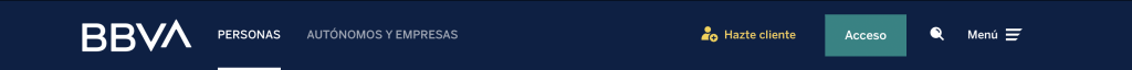 indice o parte superior de la web de bbva, de color azul oscuro y con letras bancas que te ayudara a poder registrarte y aperturar o contratar una cuenta 