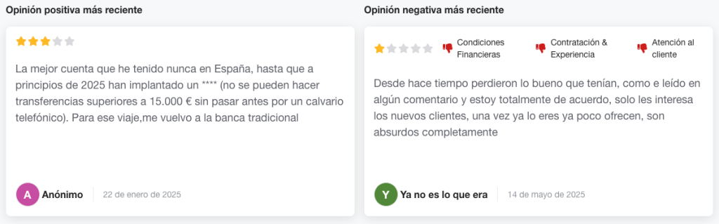 opiniones de los usuarios de la cuenta nomina ing tanto positivos como negativos