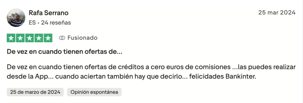 Opinión positiva del usuario Rafa Serrano para la cuenta remunerada Bankinter