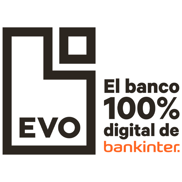 logo de evo banco fusionados con el banco bankinter en letras negras y naranja con fondo transparente