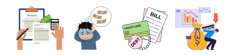 4 imágenes de diferes deudores de tarjetas de credito, preocupados