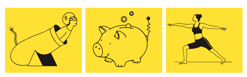siluetas de b100, un cerdito de ahorro y dos personas haciendo ejercicio para ganar dinero con la cuenta healthy de b100 abanca