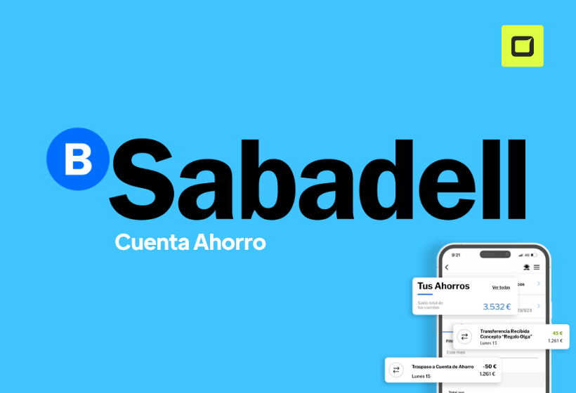 Logo de la cuenta ahorro Sabadell con letras color negro y banco y fondo azul