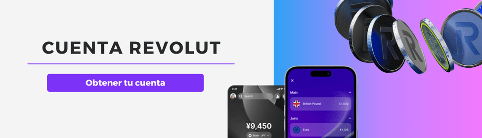 promo de revolut cuenta online remunerada con fondo de color morado, llamado de atención para contratar cuenta