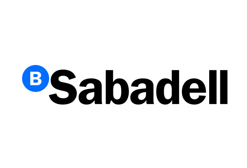 logo de Sabadell con letras negras e icono circular azul con una letra B
