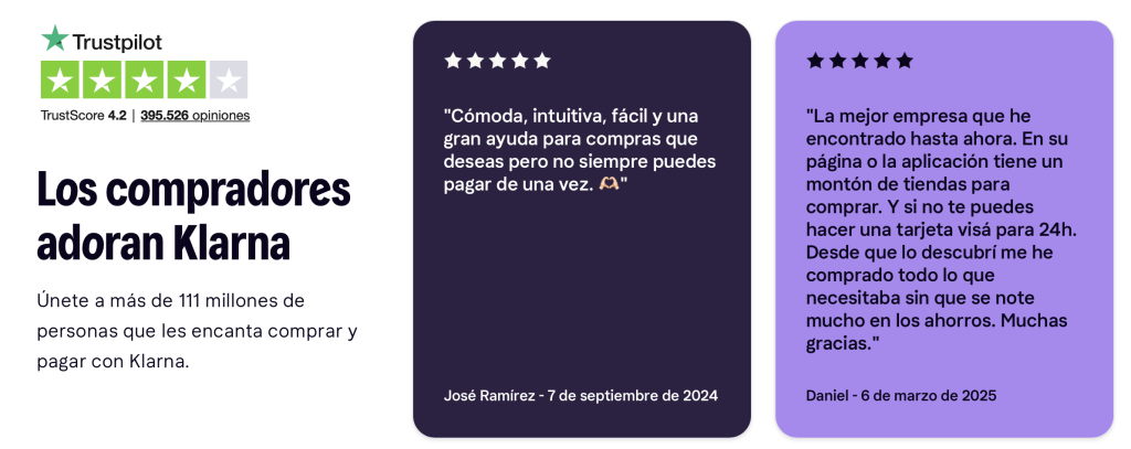 opiniones de dos usuarios de klarna donde explican como es su experiencia usando la aplicación, tanto para compras como para depósitos